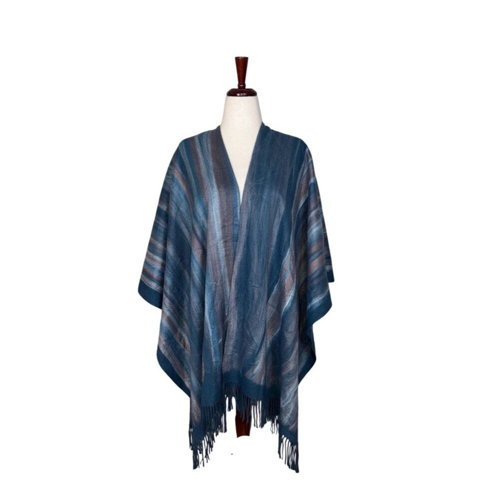 Chico's Blue Striped Ruana Wrap Shawl Poncho One Size